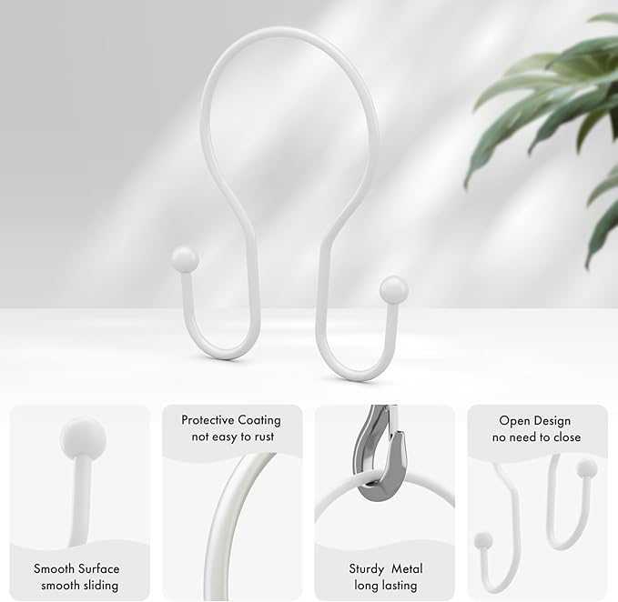 AmazerBath White Shower Curtain Hooks, Shower Curtain Rings, Simple Double Shower Curtain Hooks Rust Proof, Metal Smooth Glide Shower Hooks for Shower Curtain Rod, 12 Pcs Shower Rod Hooks