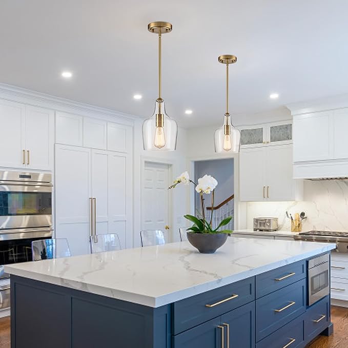 Rod Hung Pendant Light for Kitchen Island (Gold Seeded Glass)