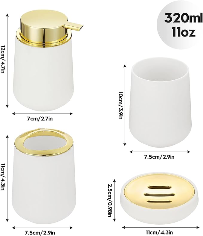 White and Gold Bathroom Accessories 4 Piece Set Luxury Matte Plastic Soap Dispenser Toothbrush Holder Cup Soap Dish for Modern Bathroom Deco