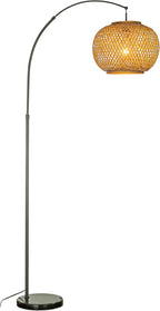 ALOADECOR 77" 1-Light Matte Black Arc Floor Lamp with Hand-Woven Bamboo Shade and Marble Base Farmhouse Rattan Floor Lamp for Living Room Dining Room Bedroom