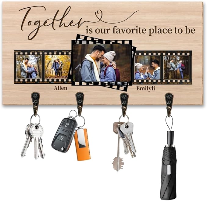 Personalized Family Photo Key Holder Custom Photos Wall Mount Wooden Key Hanger with Family Name Keychain Organizer Hanger for Wall Entryway Home Decor Housewarming Gifts for Birthday,01