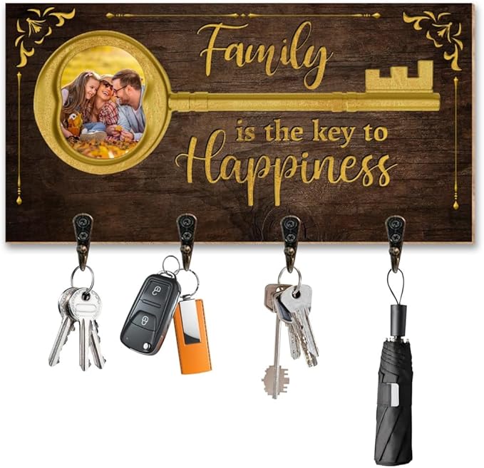 Personalized Family Photo Key Holder Custom Photos Wall Mount Wooden Key Hanger with Family Name Keychain Organizer Hanger for Wall Entryway Home Decor Housewarming Gifts for Birthday,05