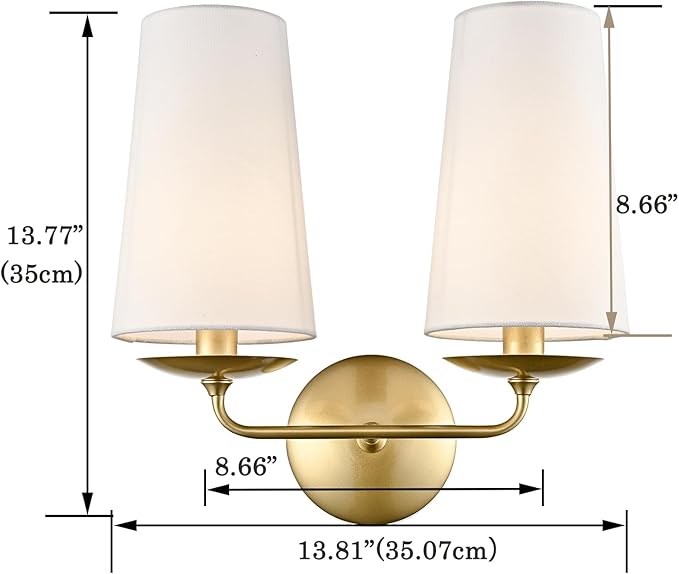 Modern Gold 2-Light Wall Sconces Hardwired Brass Double Sconce with Fabric Shade for Bedroom, Fireplace, Staircase, Bathroom, Hallway
