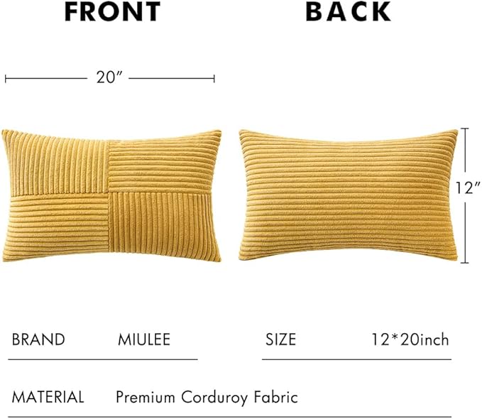 MIULEE Gold Corduroy Pillow Covers Pack of 2 Boho Decorative Spliced Throw Pillow Covers Soft Solid Couch Pillowcases Cross Patchwork Textured Cushion Covers for Living Room Bed Sofa 12x20 inch