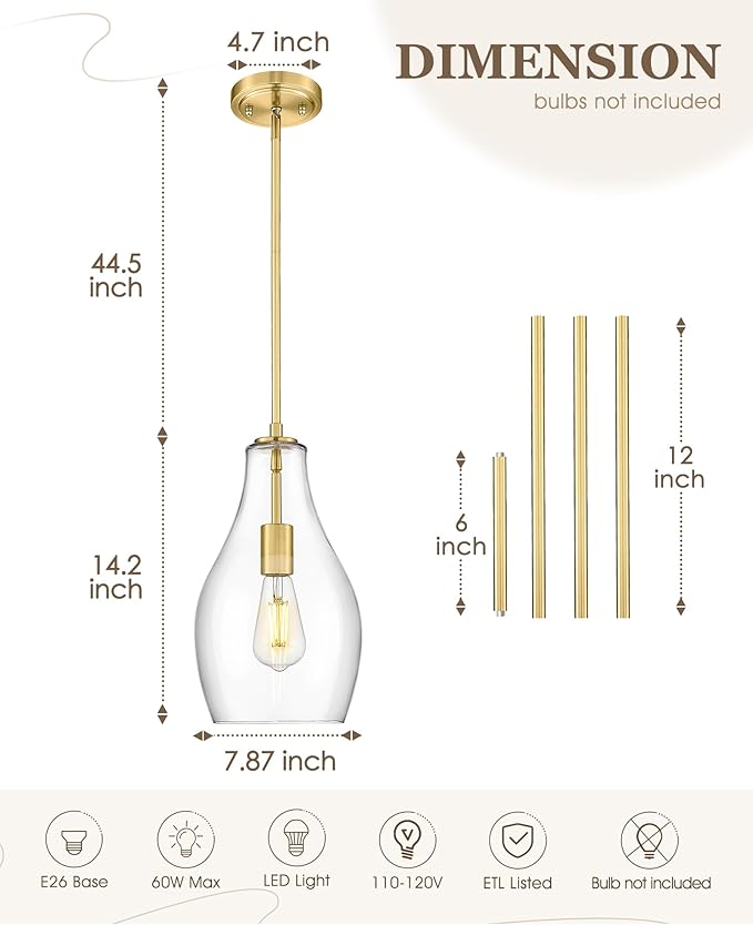 2-Pack Pendant Lights Kitchen Island, 8" Gold Hanging Light Fixtures with Clear Glass Shade, Modern Brass Kitchen Pendant Lighting Over Island for Dining Room, AD-25045-2PB-GD