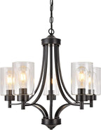 Contemporary Black Chandelier 5 Lights Farmhouse Dining Room Lighting Fixtures Hanging Bedroom Chandeliers with Clear Glass Shade Ceiling Pendant Light Black Foyer Light
