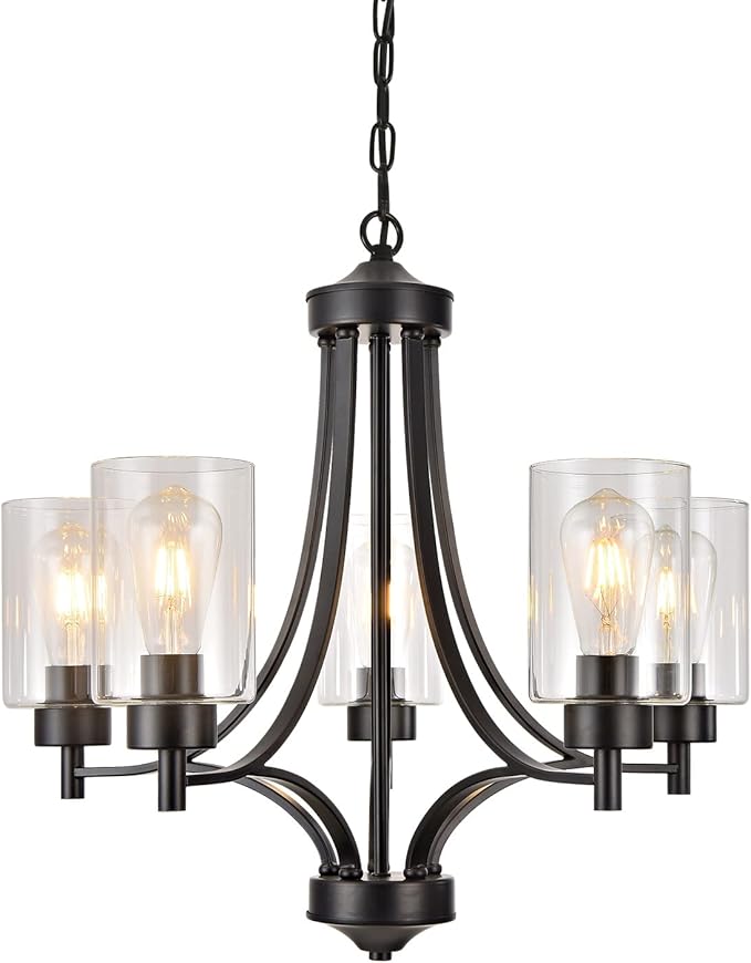 Contemporary Black Chandelier 5 Lights Farmhouse Dining Room Lighting Fixtures Hanging Bedroom Chandeliers with Clear Glass Shade Ceiling Pendant Light Black Foyer Light