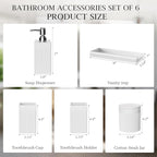 6-Piece White Bathroom Set - Modern Resin Bathroom Accessories Set with Soap Dispenser, Toothbrush Holder, Vanity Tray, Tumbler & Apothecary Jars for Small Spaces