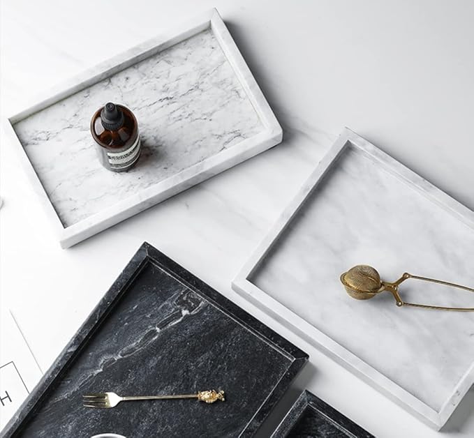 Real Natural Marble Vanity Tray, Genuine Marble Storage Tray for Cosmetics/Jewelry, Non-Resin/Non-Ceramic, Dresser Organizer Tray, Bathroom Tray, Home Decor, Kitchen, Coffee Table, 12 x 8 inch