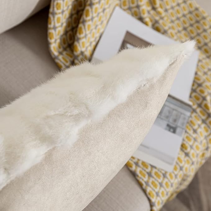 Throw Pillow Covers Fur Rabbit Skin Fur Sofa Pillow Case Cushion Cover (White, 30×50cm（12in×20in）