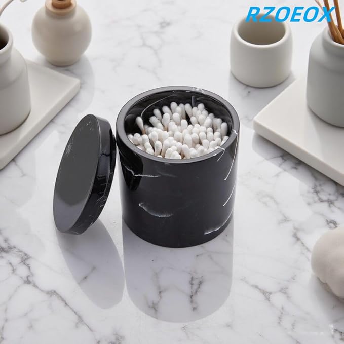 Cotton Swab Holder with Lid, Round Qtip Holder Bathroom Black Marble, Resin Cotton Ball Canister Jar Cosmetics Makeup Countertop Organizer Containers Canister Apothecary Jar, Marblized