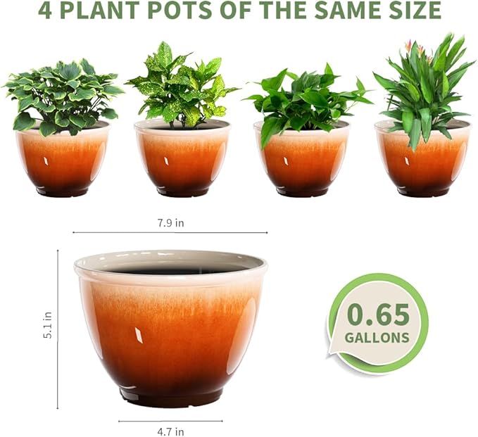8 Inch Plastic Plant Pots, Set of 4 Flower Pots Planters with Drainage Hole, Glossy Smooth Finish Planter for Indoor Outdoor Succulent Snake Plants(Orange)