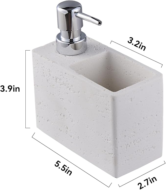 White Travertine Soap Dispenser with Sponge & Brush Holder – Hand & Dish Resin Soap Pump Bottle for Kitchen & Bathroom, 2-in-1 Countertop Organizer, with 2 Natural Sponges (Luxury Home Decor)