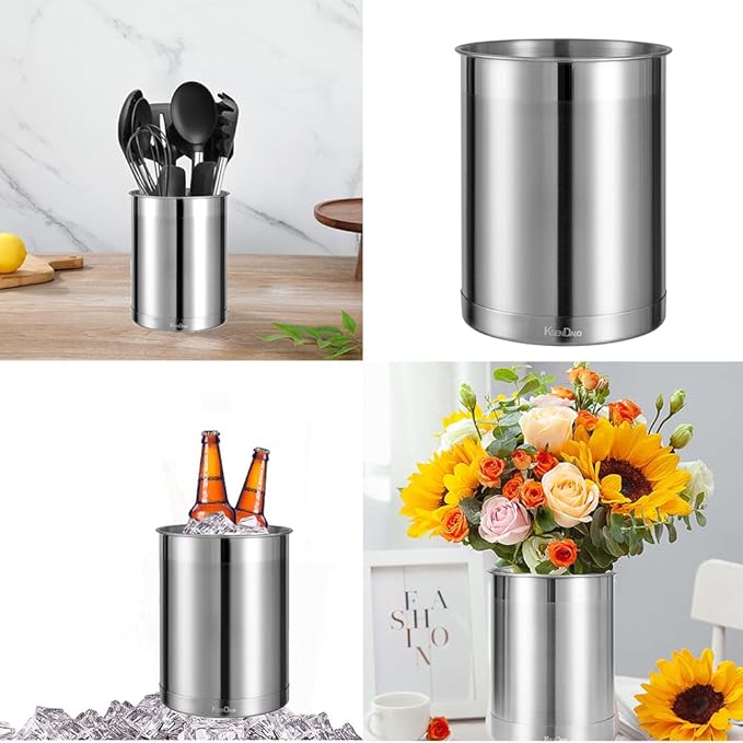 KSENDALO Utensil Crock Set, 6.6inch Cooking Utensil Holder Stainless Steel Container for Kitchen Counter,Metal Kitchen Spoon Spatula Cutlery Tool Holder Organizer, Silver (3 Pack)