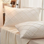 JAUXIO Diamond Pinch Pleated Crystal Velvet Pillowcases 2 Pack Solid Pintuck Throw Cushion Cover for Home Decor Hidden Zipper Closure (Cream, King)