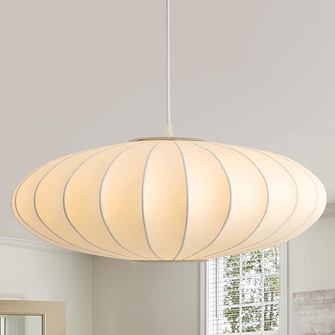 Large 23.6 inch Lantern Pendant Light, White Imitation Silk Lampshade, Bubble Pendant Light, Hanging Lamp Simple Chandelier for Living Dinning Room Kitchen Island Bedroom Restaurant Cafe