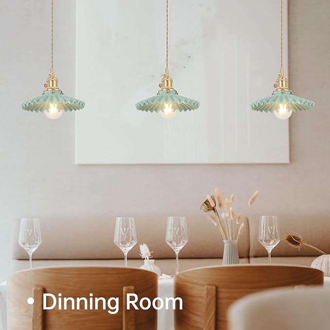 Pendant Light with Green Pleated Ceramic Lmapshade, Brass Vintage Pendant Light Adjustable Hanging Light for Kitchen Island Dining Room Hallway