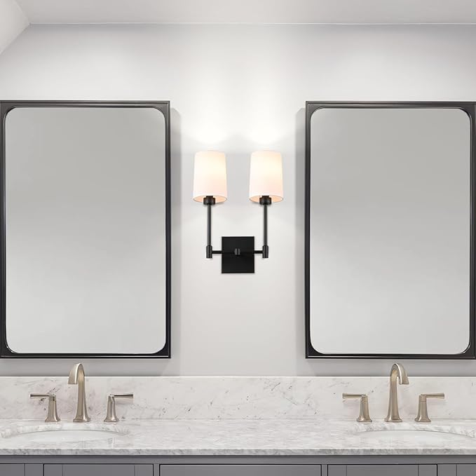 XiNBEi Lighting Wall Lamp, 2 Light Black Bedroom Wall Light with Fabric Shade for Bedside & Living Room XB-W1215-2-MB