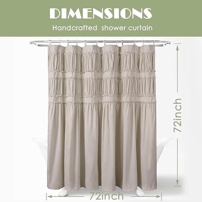 Ruched Ruffled Shower Curtain 72" W x 72" H, Beige Microfiber Rustic Decorative Bath Curtain for Bathroom, Farmhouse and Boho Bathroom Décor, Machine Washable (LQ-38)