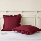 KKJIAF Ruffle Pillow Cases 26x26 Inches, Burgundy Square Ruffled Pillow Covers Set of 2, Microfiber Wrinkle Resistant Pillow Shams with Envelope Closure for Sofa Bed Living Room