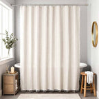 WELTRXE Boho Long Shower Curtain, Modern Farmhouse Shower Curtain Set with Tassels, Rustic Bathroom Decor, Heavy Duty Fabric Water Repellent with Hook, Beige/Cream, 72x78 Inches