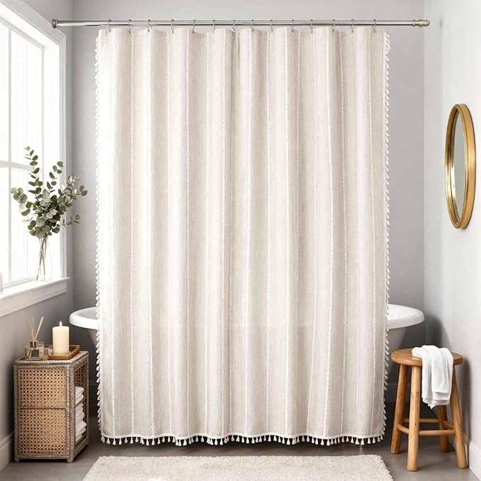 WELTRXE Boho Long Shower Curtain, Modern Farmhouse Shower Curtain Set with Tassels, Rustic Bathroom Decor, Heavy Duty Fabric Water Repellent with Hook, Beige/Cream, 72x78 Inches