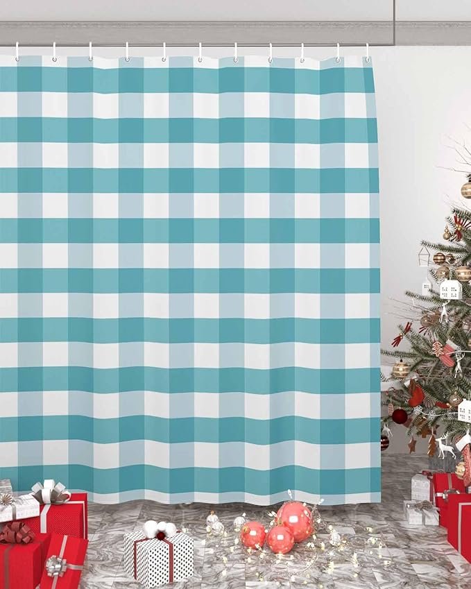 Vandarllin Rustic Teal White Buffalo Check Plaid Pattern Shower Curtain, Farmhouse Shower Curtains Set with Hooks, Waterproof Fabric Bathroom Curtains Decor Home Accessories,72 X 78 Inch Long