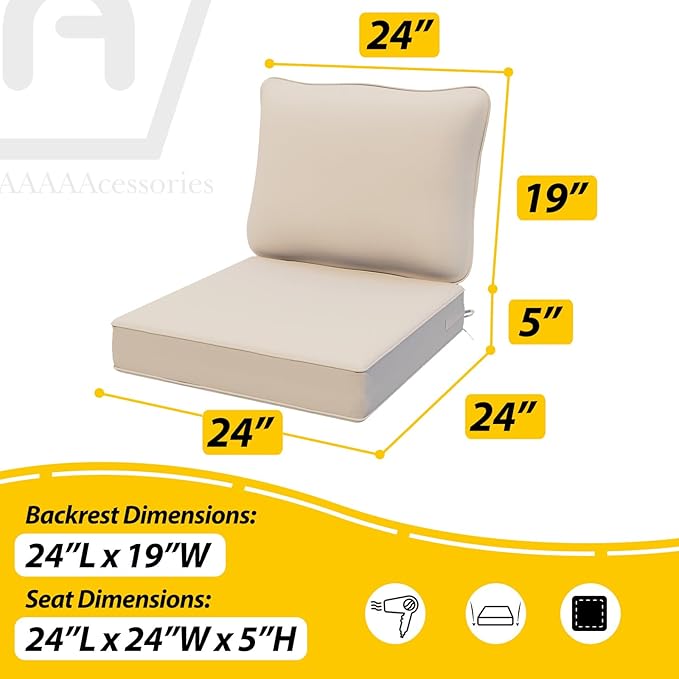 AAAAAcessories Outdoor Deep Seat Cushions, Waterproof, Fade-Resistant Patio Furniture Replacement Cushions, 24" x 24" x 5", Set of 4, Khaki Beige