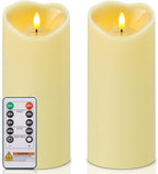 Amagic 4” x 9” Large Outdoor Waterproof Flameless Candles with Remote, Battery Operated Candles with Timer, Flickering Fake LED Pillar Candle for Patio Garden Wedding Decor, Dark Ivory, Set of 2