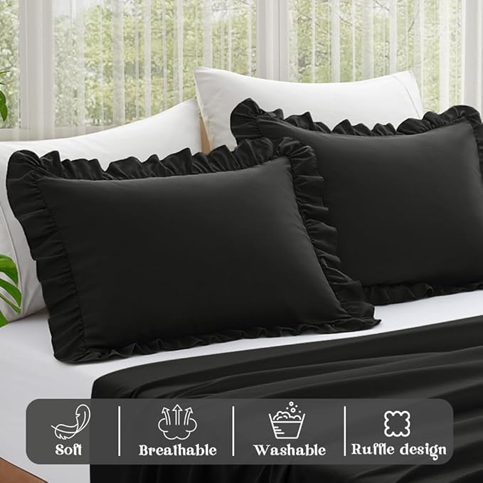KKJIAF Ruffle Pillow Cases King Size Set of 2, Ruffled Pillow Covers with Envelope Closure, Wrinkle Resistant Pillowcases 20" x 36", Ruffled Pillow Shams, Black