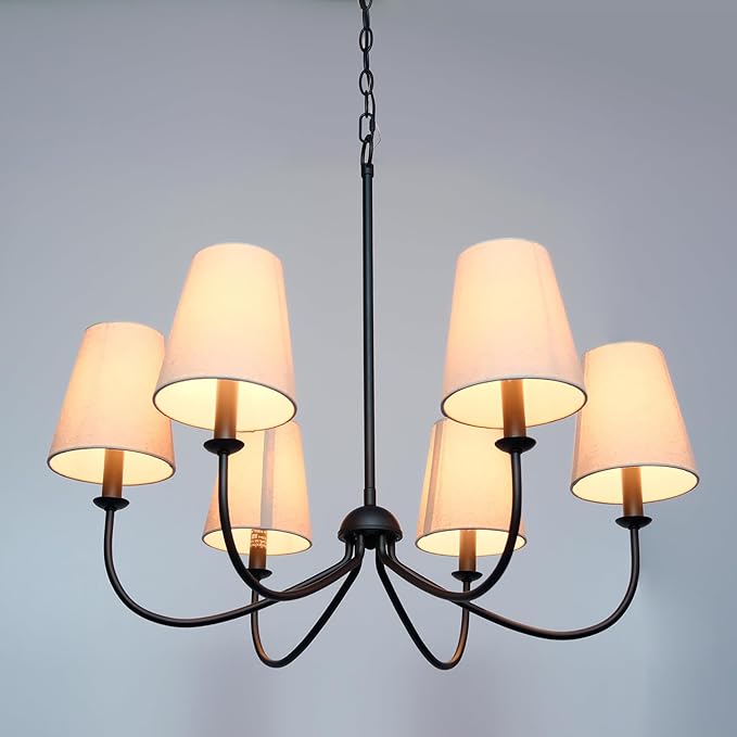 Chandelier, Matte Black with Linen Fabric Shade, 6-Light 28" Modern Farmhouse Linear Pendant Lighting Fixture for Kitchen Island (Black)