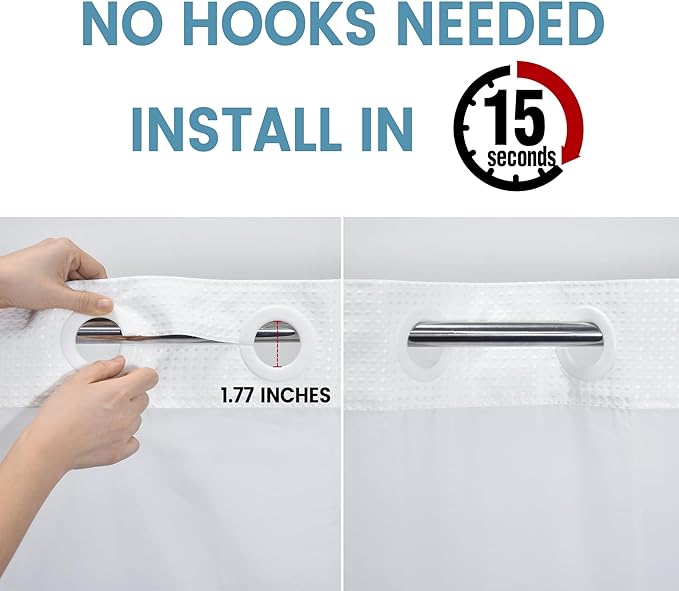 Long No Hook Shower Curtain with Snap in Liner,230GSM Waffle Weave Shower Curtains for Bathroom,71W x 77H(75"),White