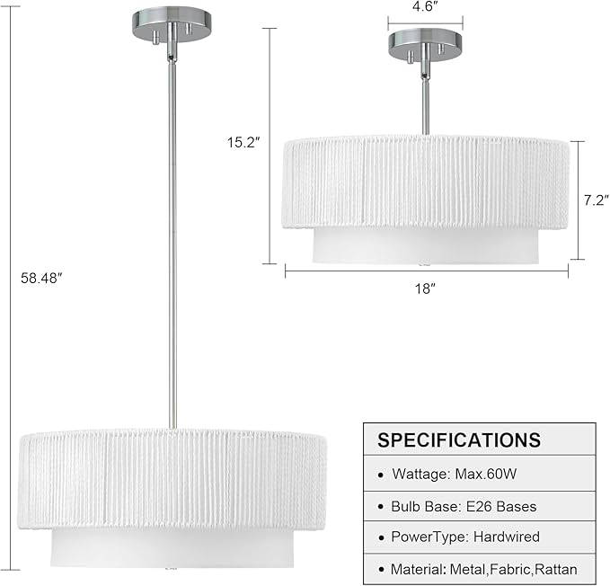 Rattan Farmhouse Chandeliers for Dining Room，Rattan Pendant Light Fixture Boho Light Fixtures with Fabric Shade Chandeliers for Bedroom Dining Room Foyer Kitchen Hallway Farmhouse（White）