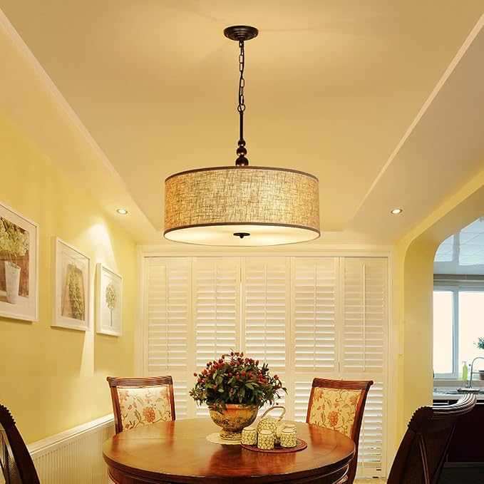 Shrine Lighting Drum Chandeliers, Farmhouse Style, Perfect Drum Pendant Light for Dining Room, D21'' x H8'', Adjustable Chains 59'', E26*3 Sockets, Beige Linen Fabric Lampshade & Black Rod
