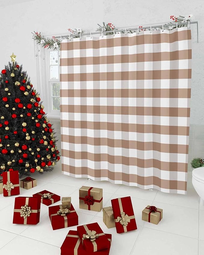 Vandarllin Rustic Brown White Buffalo Check Plaid Pattern Shower Curtain, Farmhouse Shower Curtains Set with Hooks, Waterproof Fabric Bathroom Curtains Decor Home Accessories,72X 96 Inch Extra Long