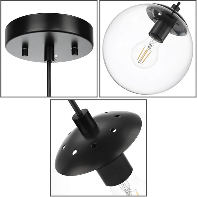XiNBEi Lighting 8 inch Globe Pendant Lighting Kitchen Island, Modern Industrial Black Pendant Light with Clear Glass Adjustable Hanging Light Fixture for Dining Room XB-P1259-MBK
