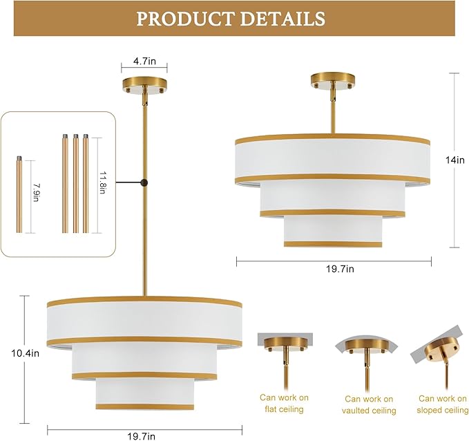 19.7" Gold Drum Chandelier with White Fabric Lampshade 3-Tier Modern Farmhouse Chandelier Light Fixture for Dining Room, Kitchen Island, Foyer, Entryway Bedroom