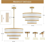 19.7" Gold Drum Chandelier with White Fabric Lampshade 3-Tier Modern Farmhouse Chandelier Light Fixture for Dining Room, Kitchen Island, Foyer, Entryway Bedroom