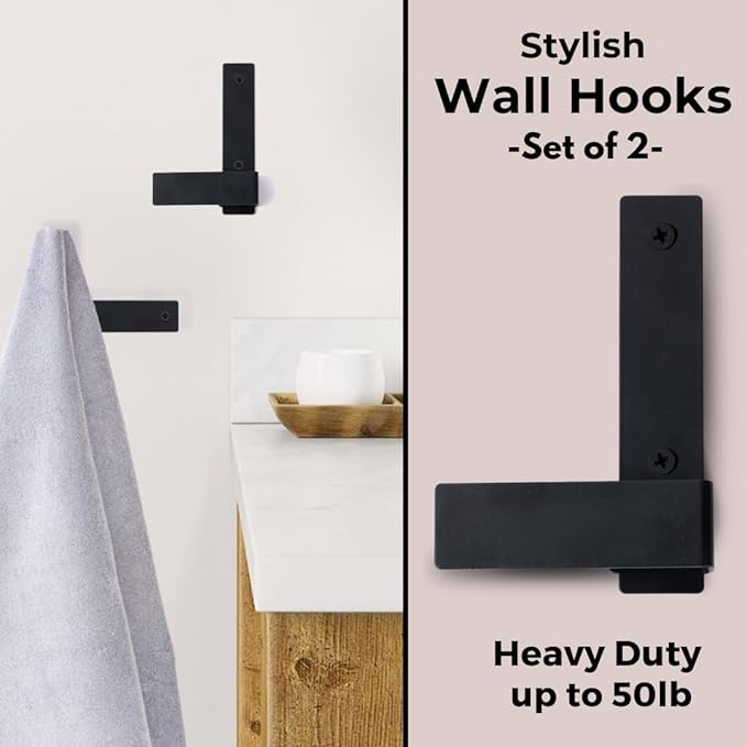 Decorative Wall Hooks-Set of 2 Chic Coat Hooks for Wall Mount. Perfect for Hanging Coats, Clothes, Towels, Backpacks Or Hats. Modern Heavy Duty Metal Hooks (Black Set)
