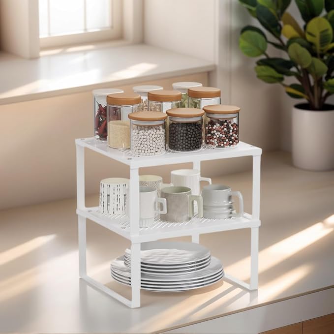 11" Wide Set of 2 Stackable Kitchen Cabinet Organizers Spice Racks,Office Desk Shelf Organizers Bookshelf Storage,Metal Carbon Steel