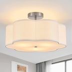 18" Modern Semi Flush Mount Ceiling Light Modern 3-Lights Linen Drum Ceiling Lighting with Chrome Finish, Vintage Ceiling Light for Living Room, Kitchen, Basement, Laundry Room, Bedroom