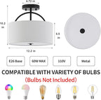 Black Semi Flush Mount Ceiling Light Fixture 12.2'' Drum Light Fixture with White Fabric Shade Lamps 3-Light Modern Ceiling Lights for Bedroom Living Room Dining Room Entryway