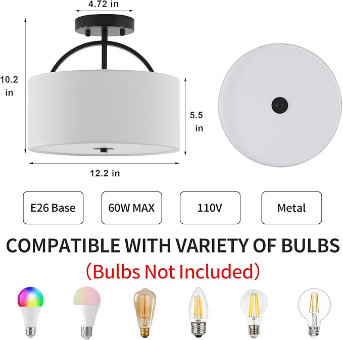 Black Semi Flush Mount Ceiling Light Fixture 12.2'' Drum Light Fixture with White Fabric Shade Lamps 3-Light Modern Ceiling Lights for Bedroom Living Room Dining Room Entryway