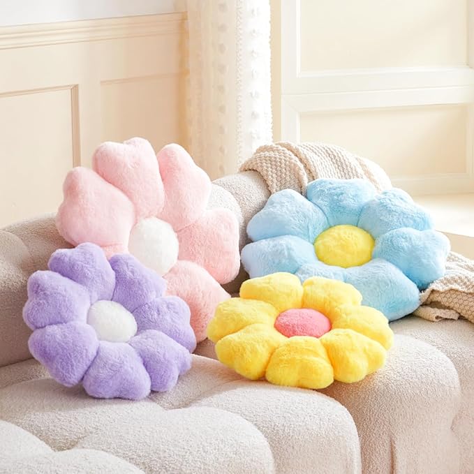 Flower Pillow, Lavender Daisy Flower Decorative Pillows for Bed, Cute 19.6" Flower Shaped Pillow with Soft Faux Rabbit Fur Dorm Home Decor Floor Seating Cushion