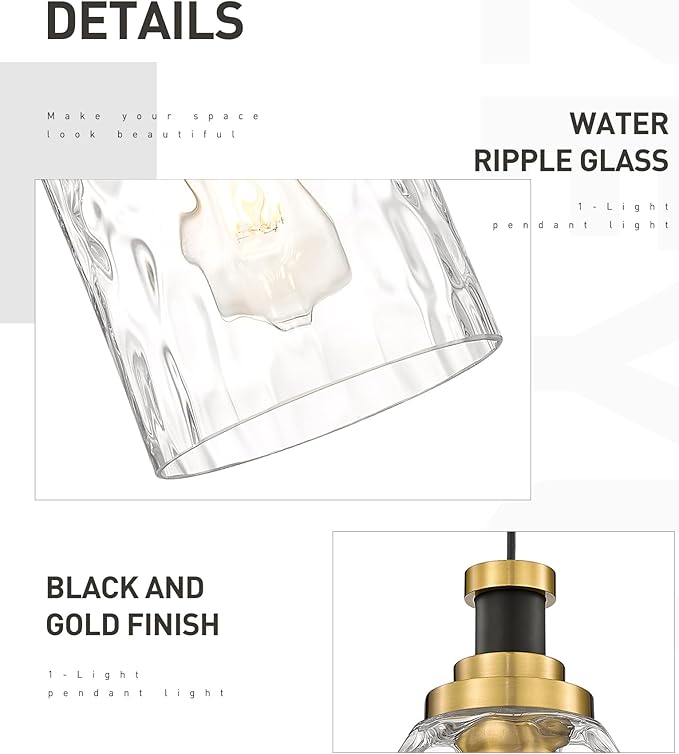 zeyu Large Pendant Lights Kitchen Island, Modern Hanging Lamp for Bedroom Living Room, Water Ripple Glass Shade, Black and Gold Finish, ZG33M1L-L BK+BG-WG