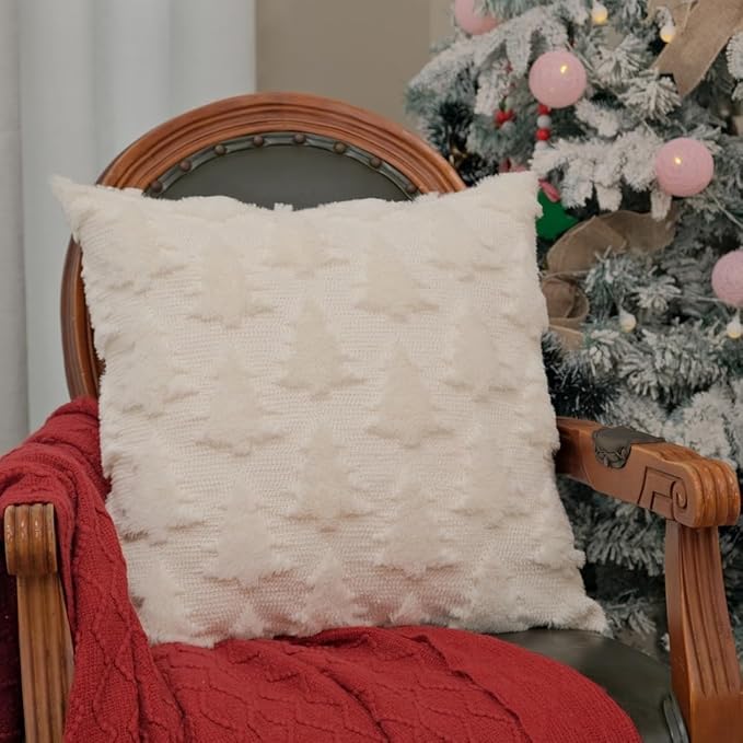 GEEORY Christmas Tree Throw Pillow Covers 20x20 Inch Set of 2, Xmas Winter Soft Plush Faux Fur Wool Decorative Farmhouse Holiday Cushion Case for Home Decoration (Beige) GC004-20