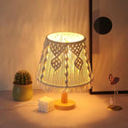 Boho Macrame Table Lamp – Handmade Bedside Light with Wooden Base, White Ivory Boho Decor for Bedroom, Living Room, Nursery – E26/E27 Compatible Nightstand Lamp – by Elvirka