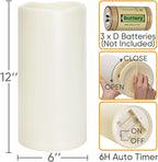 Homemory 6" x 12" Extra Large Outdoor Waterproof Candle with Auto 6-Hour Timer, Ivory Plastic Made, Long Last for Half A Year, Set of 2