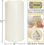 Homemory 6" x 12" Extra Large Outdoor Waterproof Candle with Auto 6-Hour Timer, Ivory Plastic Made, Long Last for Half A Year