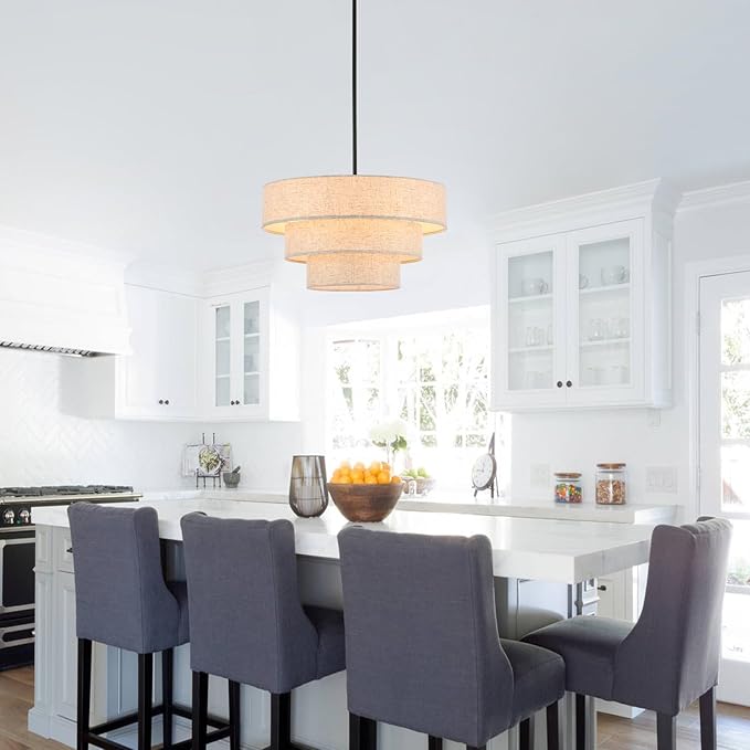 19.7" Black Drum Chandelier 4-Light Vintage Modern Chandelier Light Fixture with Linen Shade Retro Farmhouse Drum Chandeliers for Dining Room, Kitchen Island, Foyer, Entryway Bedroom